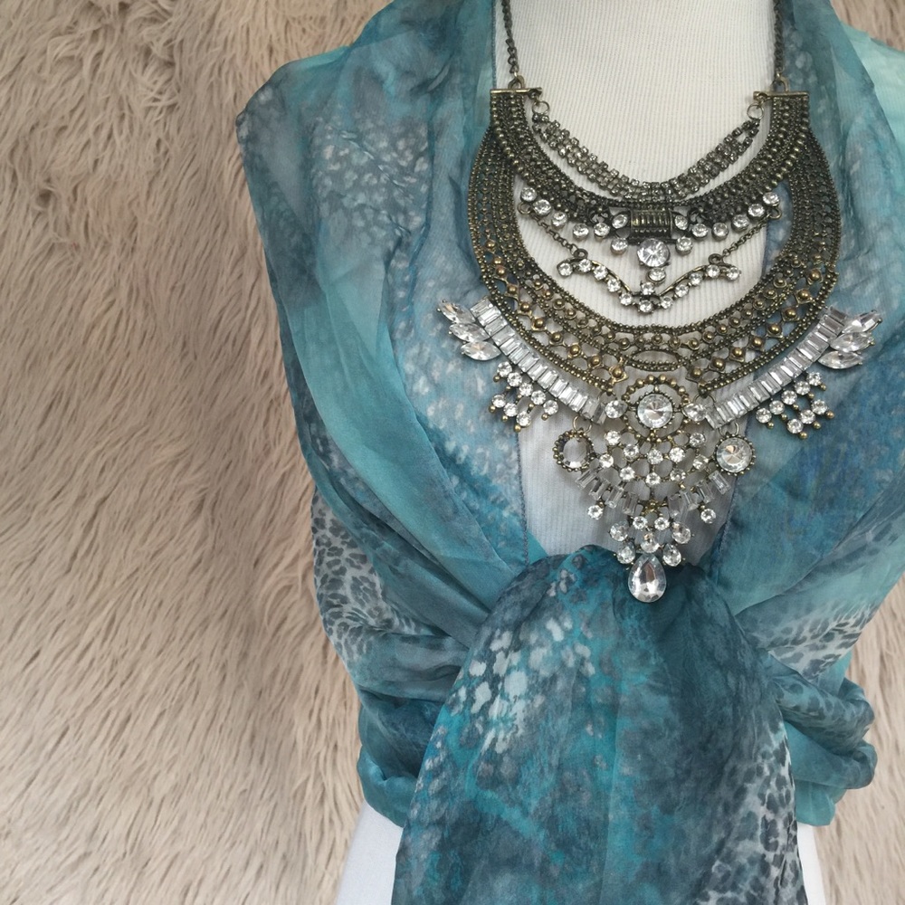 Teal & grey animal print sheer scarf wrap
